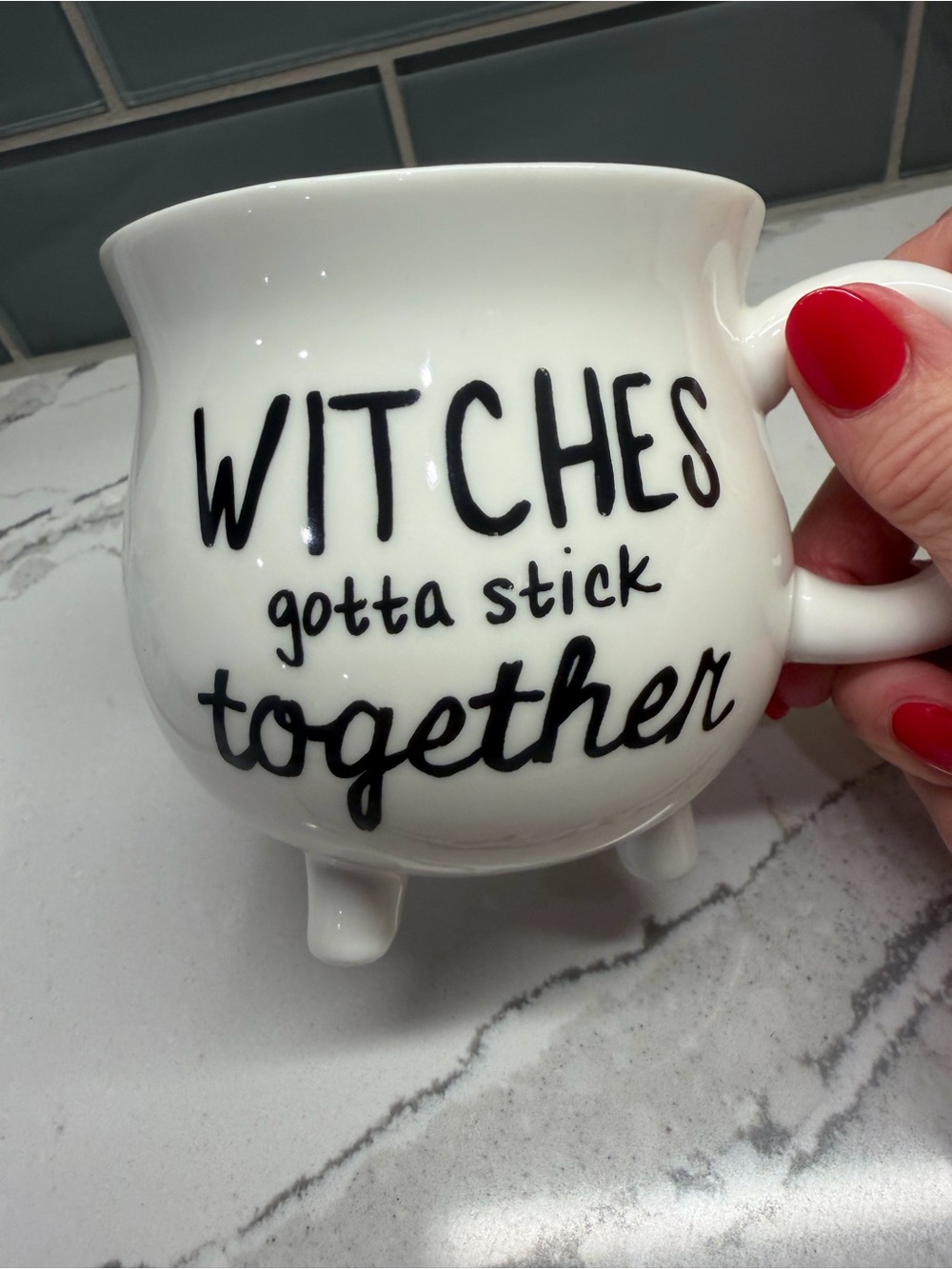 White Ceramic Cauldron Mug with 'Witches Gotta Stick Together' Script